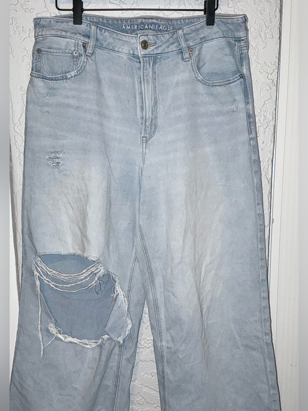 American Eagle Outfitters Light Blue Distressed Super High-Rise Wide-Leg Jeans